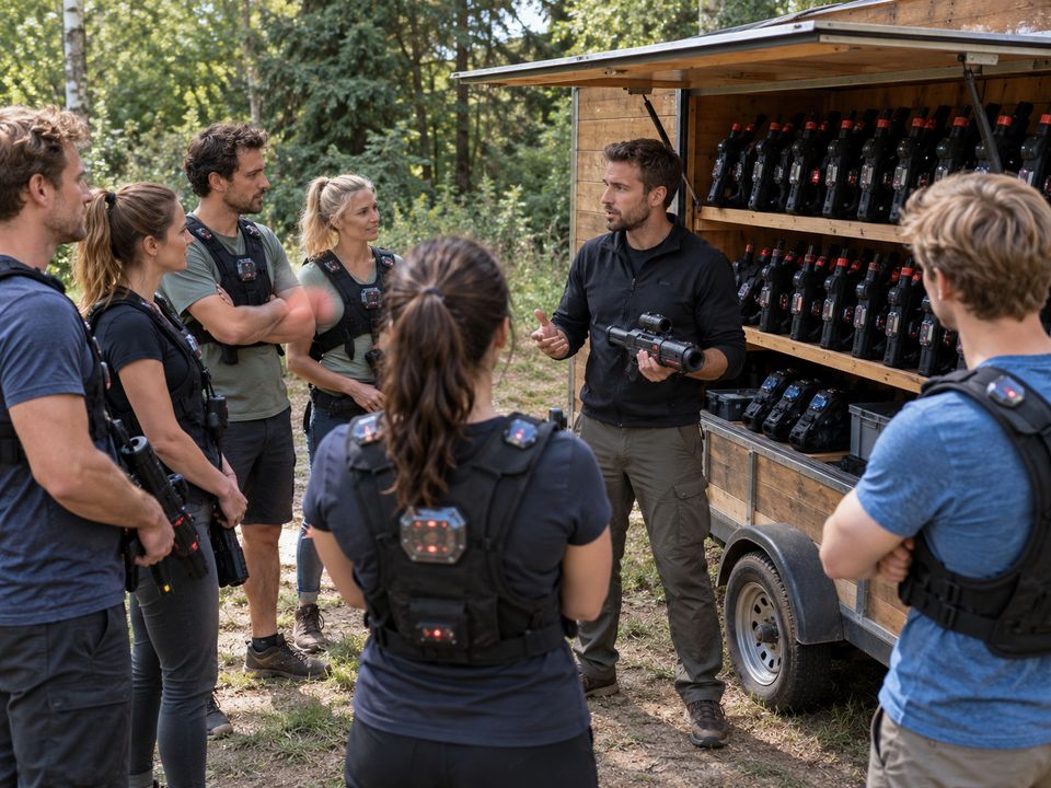 Collega's luisteren naar een briefing naast een aanhanger met rijen lasergeweren aan de bosrand Collega's luisteren naar een briefing naast een aanhanger met rijen lasergeweren aan de bosrand