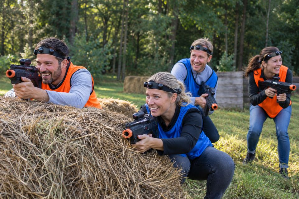 Collega's in oranje en blauwe vesten lachen achter een strobaal tijdens een teamuitje Collega's in oranje en blauwe vesten lachen achter een strobaal tijdens een teamuitje