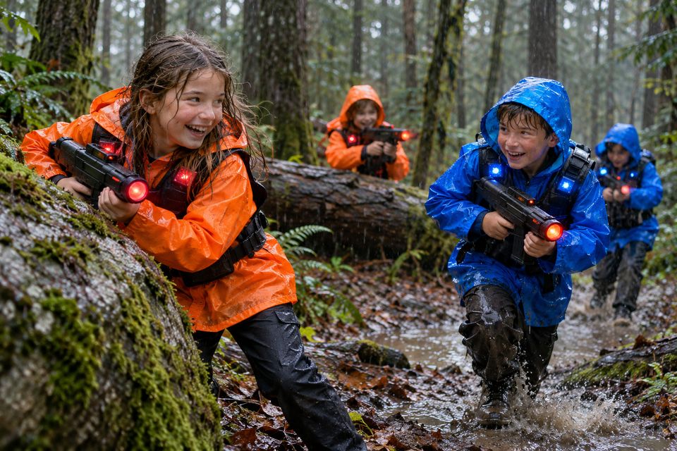 Kinderen in oranje en blauwe regenjassen spelen lasergame in lichte regen in het bos, met plassen