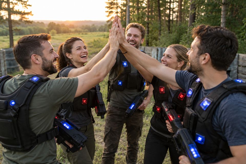 Collega's in vesten geven elkaar een high five in een kring na een potje lasergame aan de bosrand