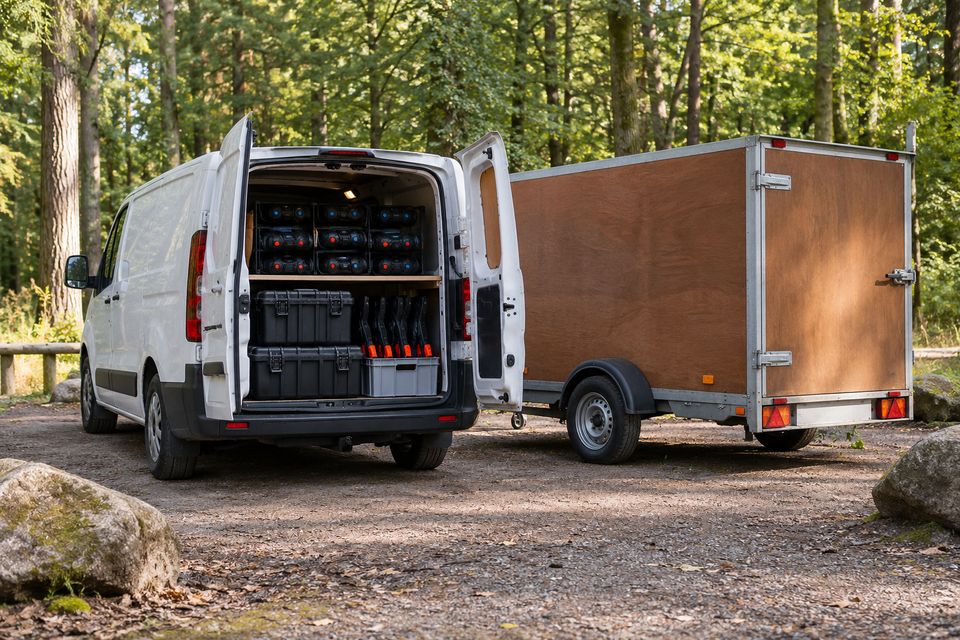 Witte bus met houten aanhanger waarin kratten met materiaal staan, op een parkeerplaats bij het bos