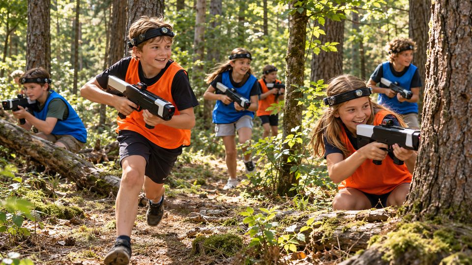Kinderen in oranje en blauwe vesten spelen lasergame tussen de bomen in een zonnig bos Kinderen in oranje en blauwe vesten spelen lasergame tussen de bomen in een zonnig bos
