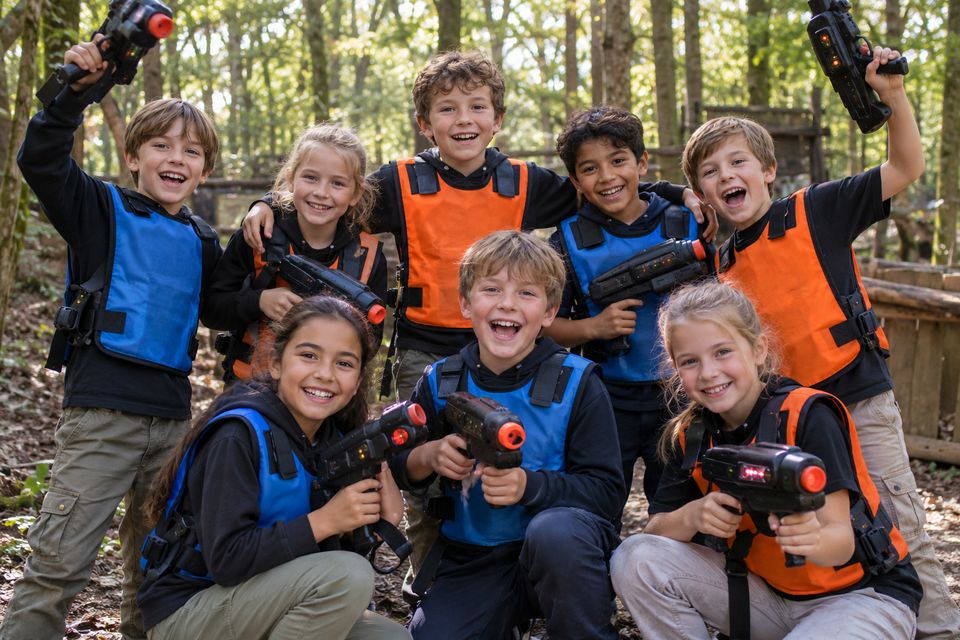 Groep lachende kinderen in oranje en blauwe vesten poseert samen na het spel Groep lachende kinderen in oranje en blauwe vesten poseert samen na het spel