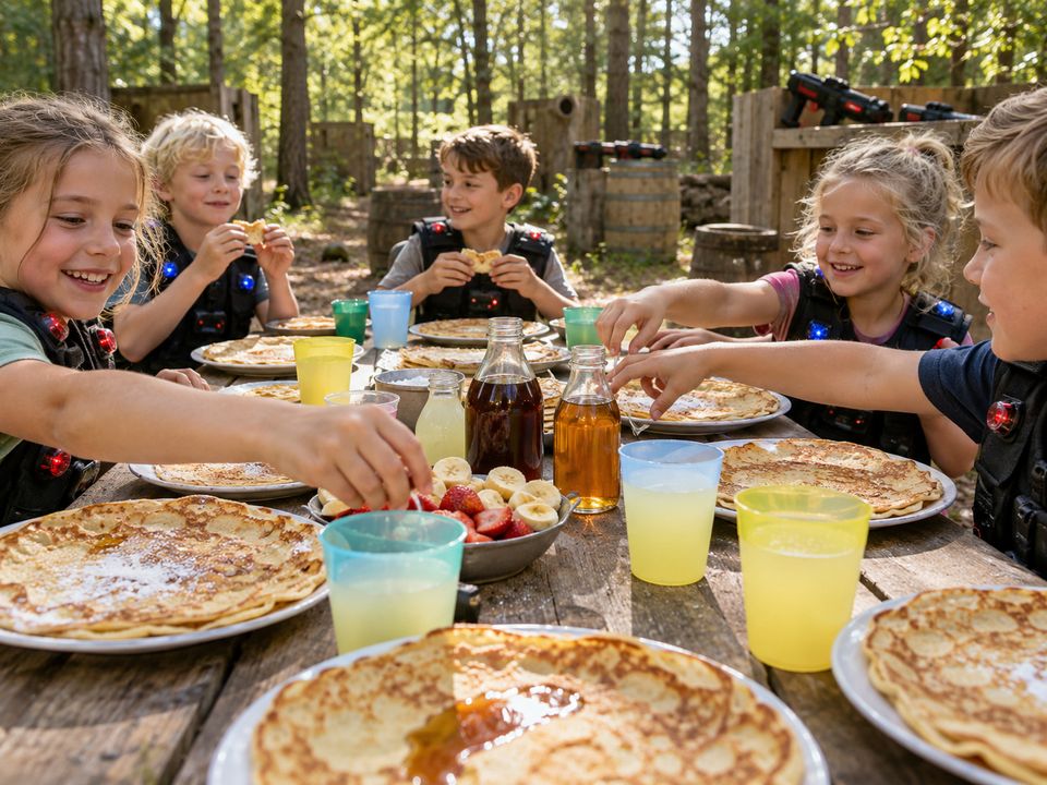 Picknicktafel in het bos met pannenkoeken en limonade waar kinderen naar grijpen