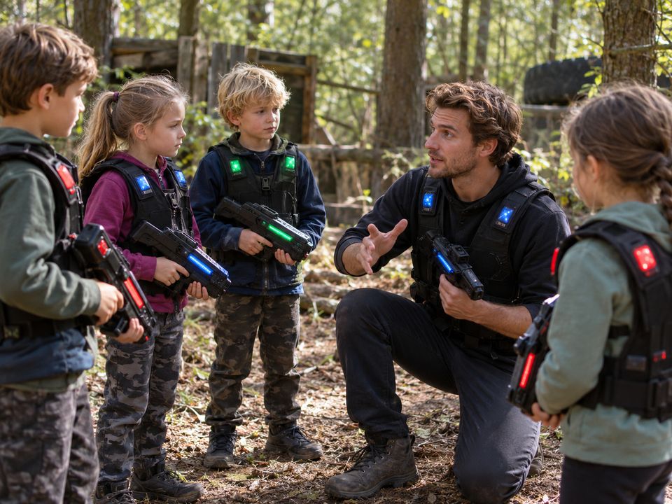 Spelleider knielt en legt een groepje kinderen met lasergeweren de regels uit in het bos