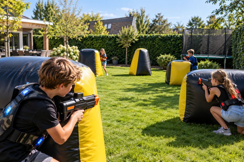 Kinderen spelen lasergame in een grote achtertuin met opblaasbare obstakels Kinderen spelen lasergame in een grote achtertuin met opblaasbare obstakels