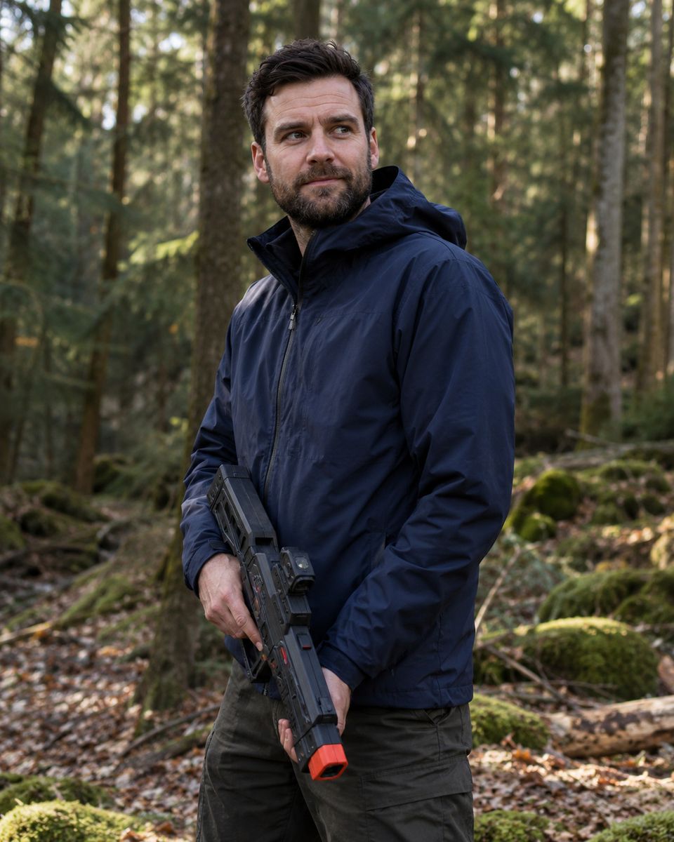 Daan Hoogendoorn in een blauwe jas met een lasergeweer naar beneden gericht in het bos Daan Hoogendoorn in een blauwe jas met een lasergeweer naar beneden gericht in het bos