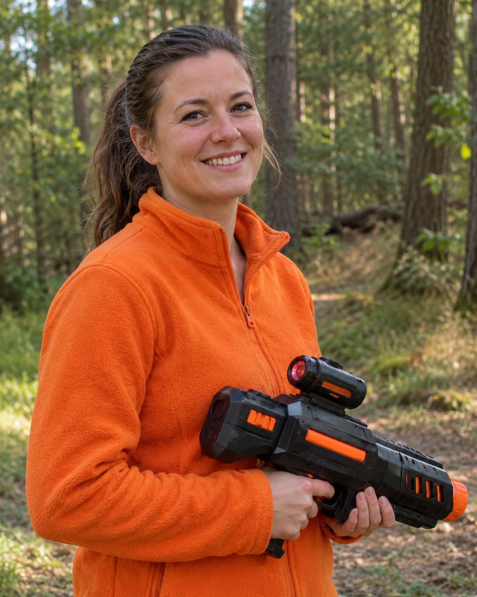 Mirthe de Kruijf in een oranje fleece aan de rand van het bos Mirthe de Kruijf in een oranje fleece aan de rand van het bos